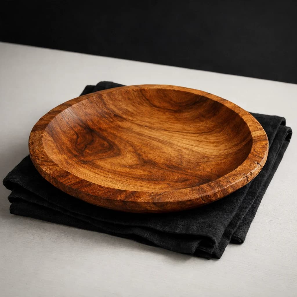Fotografia real de la unidad disponible del plato tallado en teca